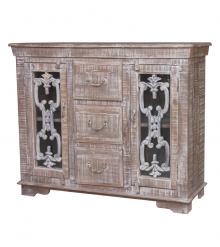 Solid Wood 2-Door 3-Drawer Cabinet w/ Iron & Glass Jali Doors